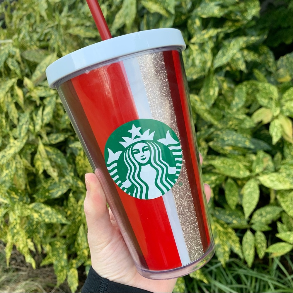 Starbucks Red White Gold Striped Cold Cup Tumbler Collectible Christmas/Holiday